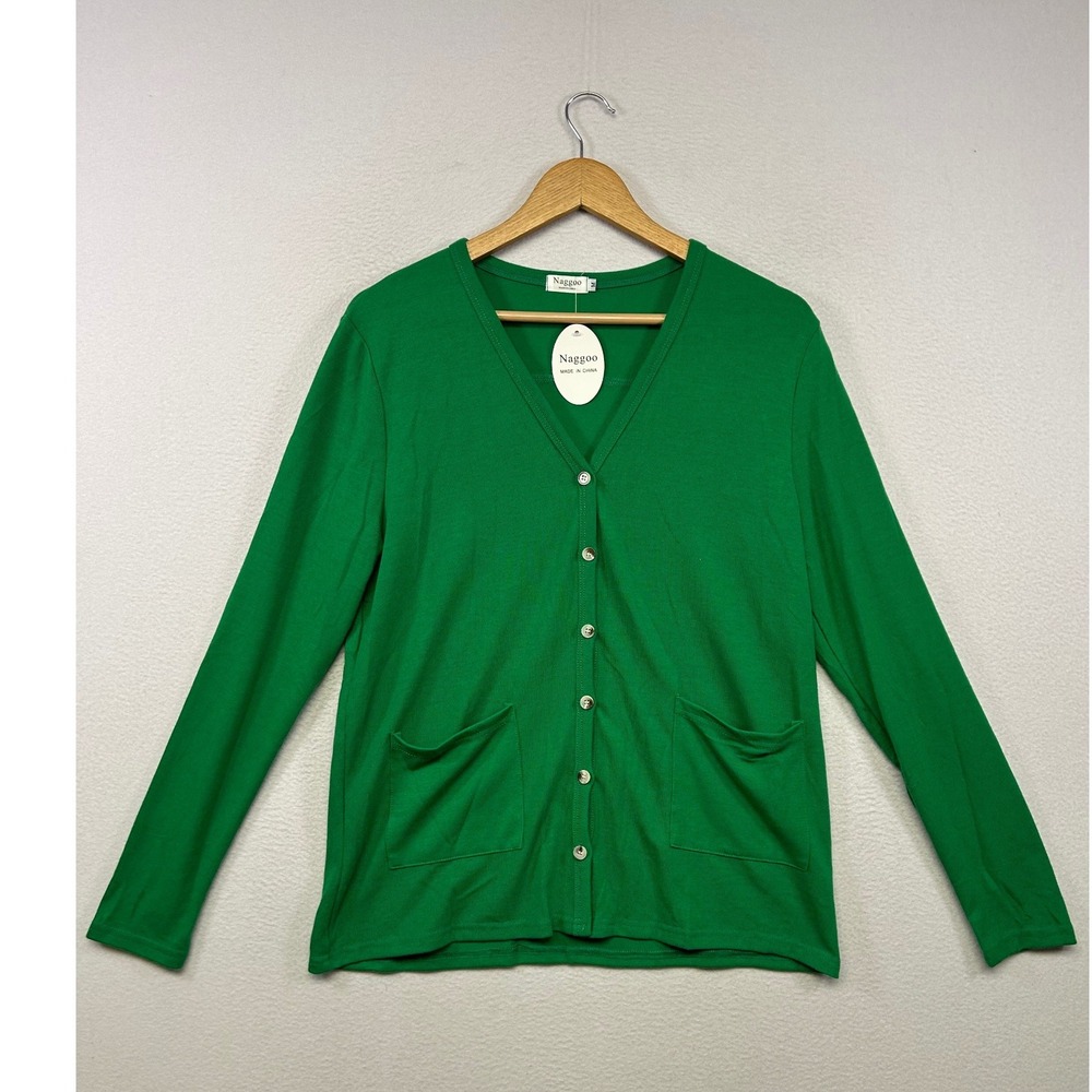 Preppy Naggoo Womens M Green Ribbed V-Neck Button Front Pocket Cardigan Sweater